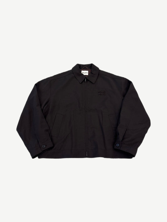 Miu Miu brown mohair Clouson jacket with fuzzy textured wool, cropped bomber silhouette and ribbed cuffs.