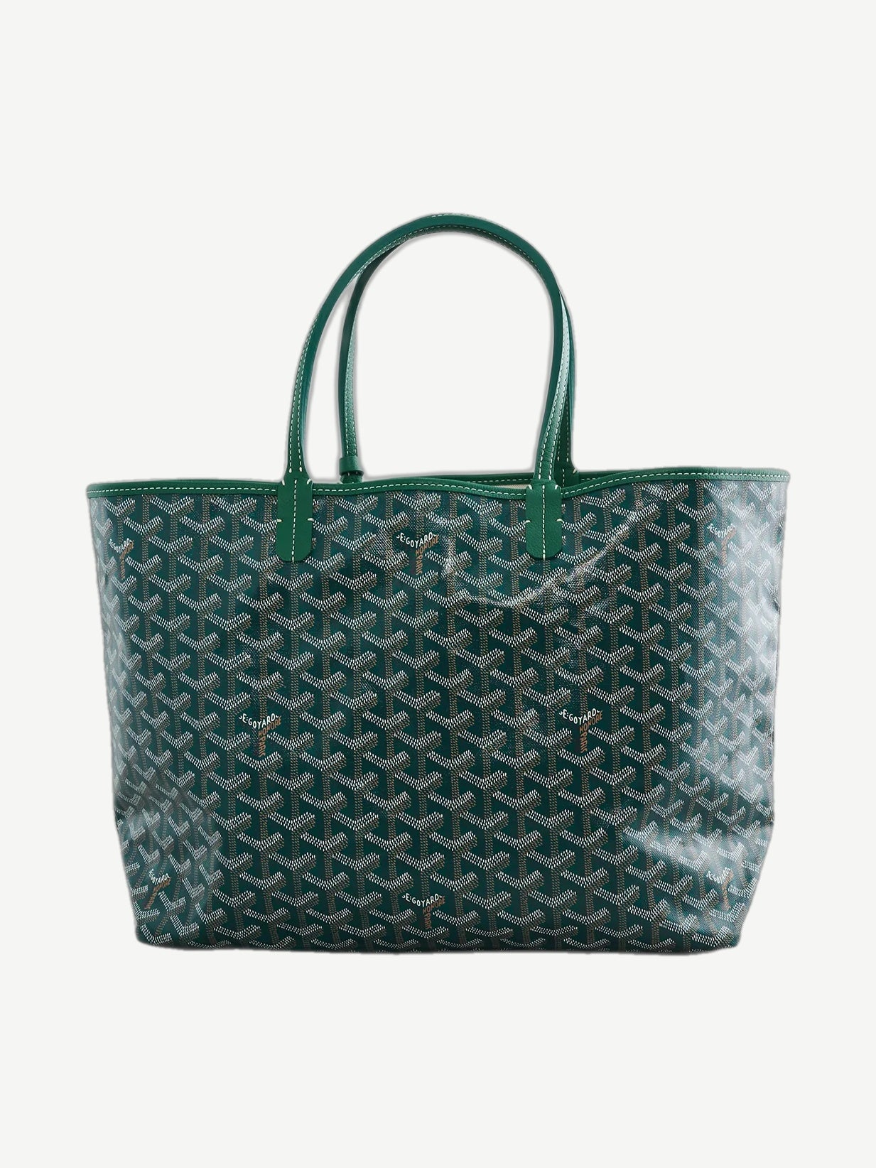 Goyard Saint Louis PM tote bag in green coated canvas with signature chevron Y print and leather handles.