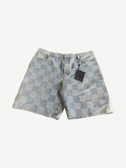 Louis Vuitton light wash denim shorts with embossed 3D Damier checkerboard pattern, front view