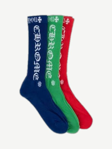 Chrome Hearts 3-pack crew socks in royal blue, green and red with vertical gothic CH lettering