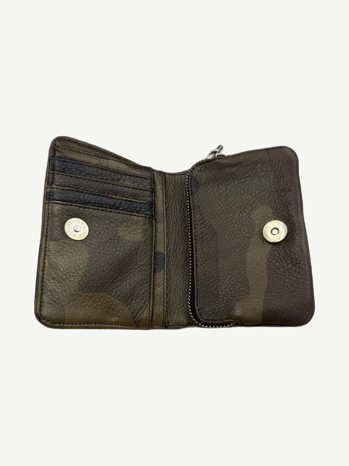 Chrome Hearts camo bifold wallet interior with leather card slots, snap pockets and zippered coin compartment