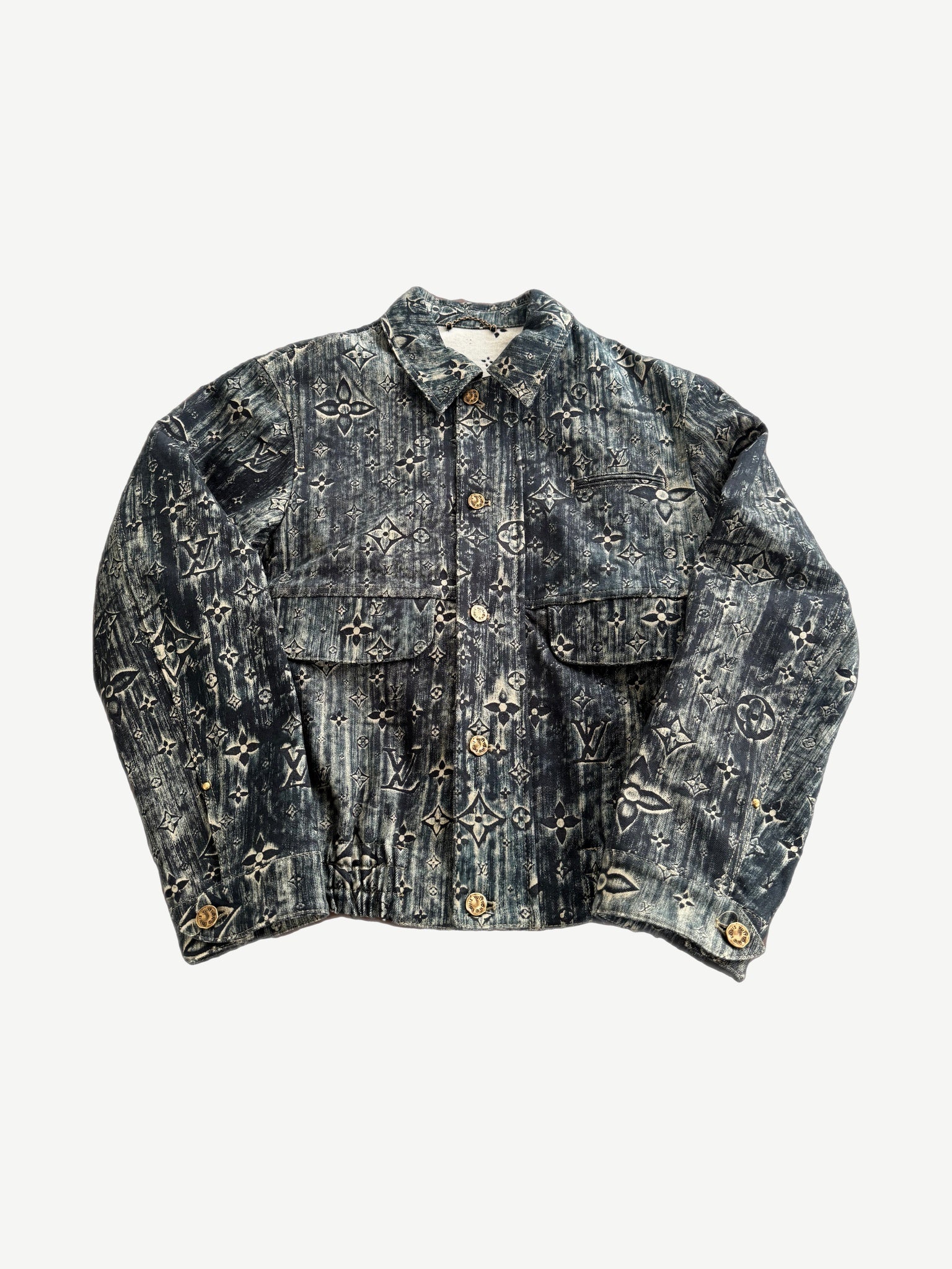 Louis Vuitton blue star monogram denim jacket with allover LV monogram and star-pattern wash.