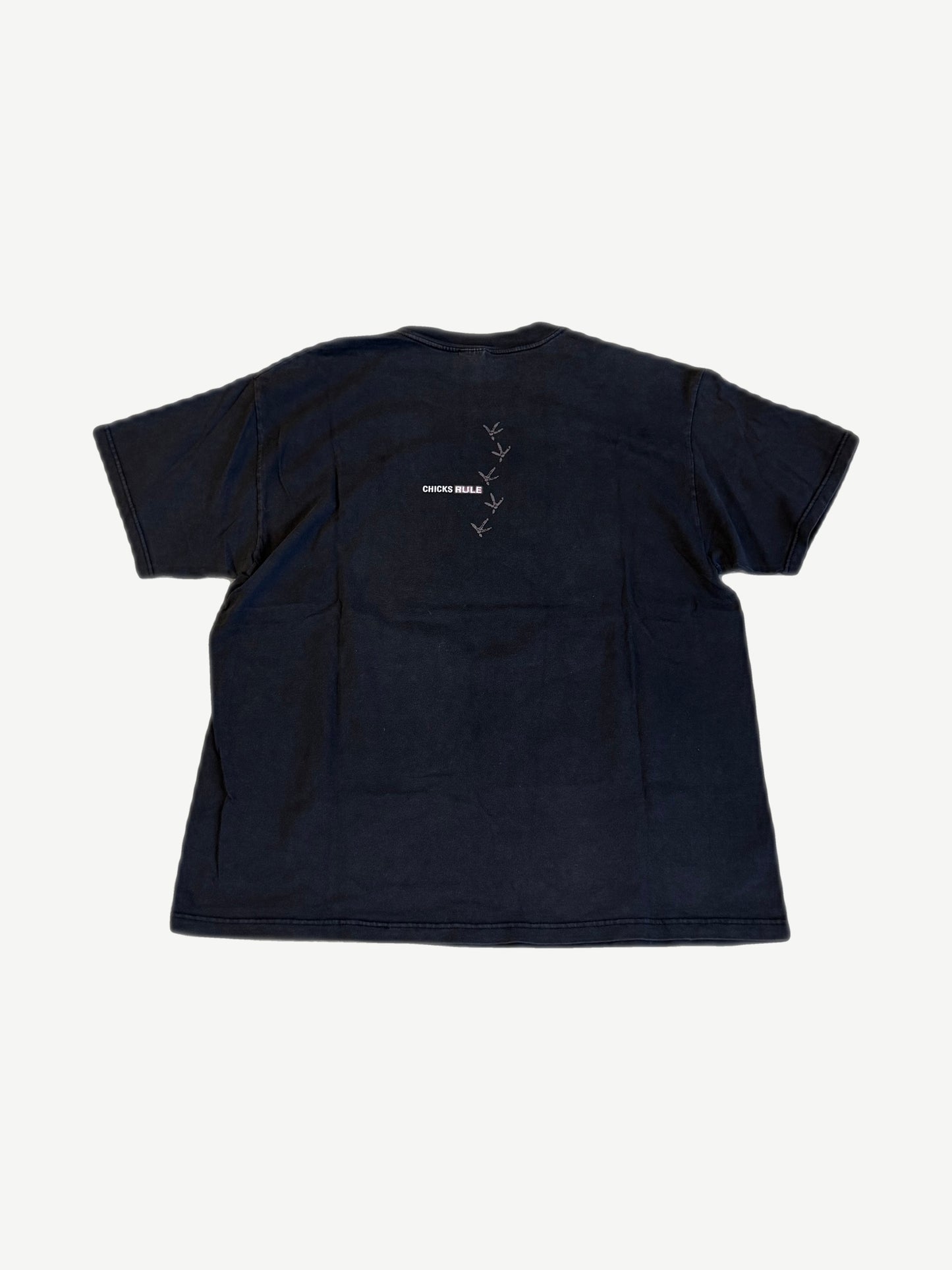 Vintage Dixie Chicks tee back with minimal Chicks Rule text and chicken footprint trail graphic detail