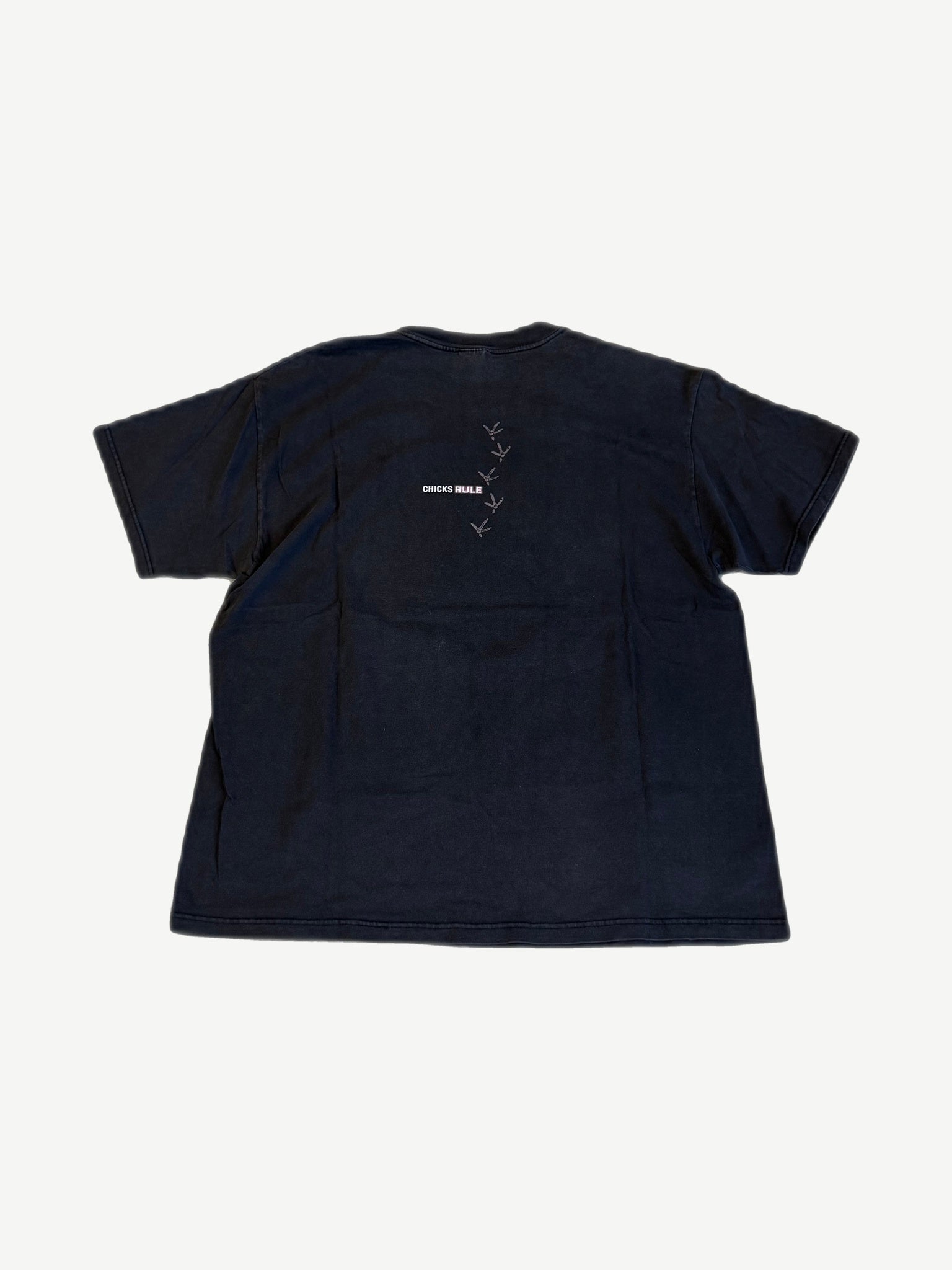 Vintage Dixie Chicks tee back with minimal Chicks Rule text and chicken footprint trail graphic detail