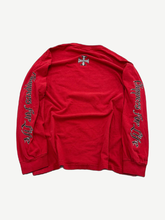 WCC red Choppers For Life longsleeve back view with Choppers For Life sleeve text print.