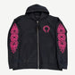 Chrome Hearts black zip up hoodie front view with floral sleeve prints and metal zipper closure.