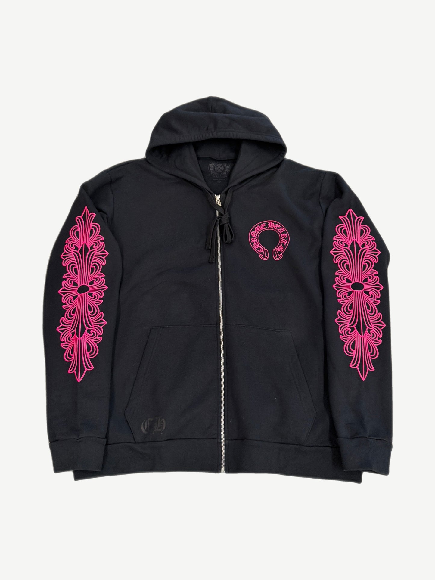 Chrome Hearts black zip up hoodie front view with floral sleeve prints and metal zipper closure.