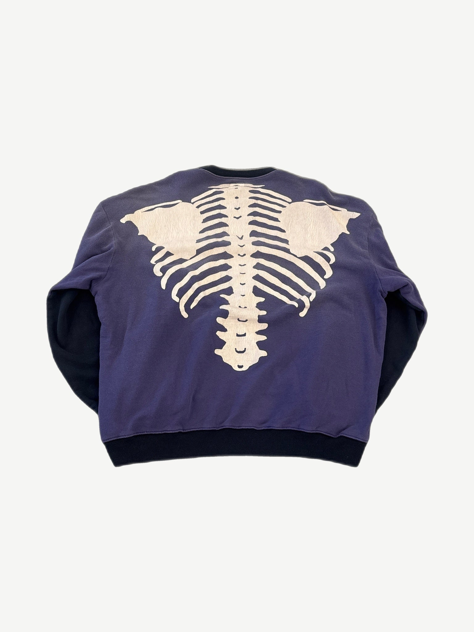 Kapital two-tone crewneck back with large cream bone ribcage and spine print on faded purple panel