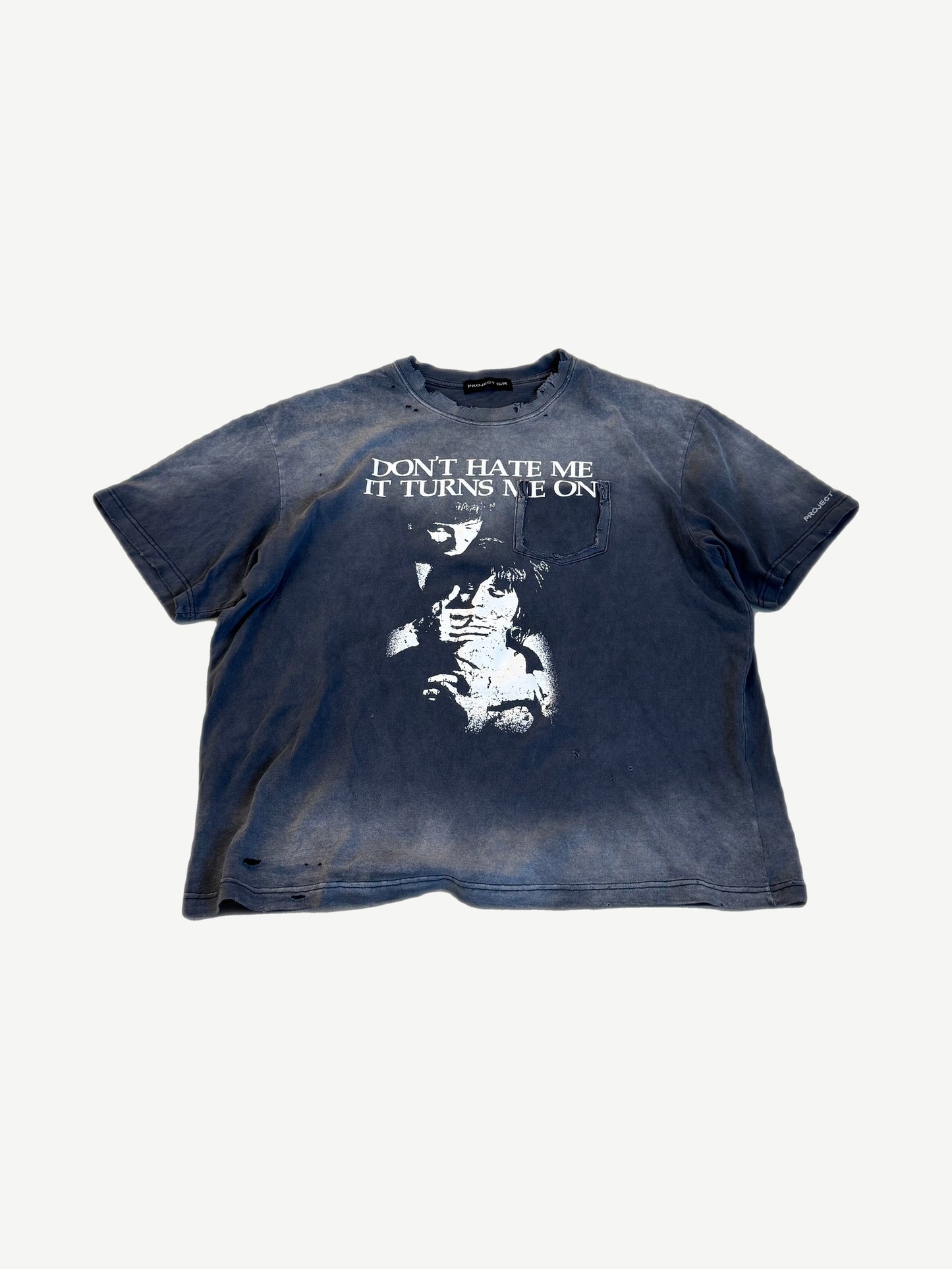 Project GR washed navy distressed pocket tee with Don't Hate Me It Turns Me On graphic and figure print