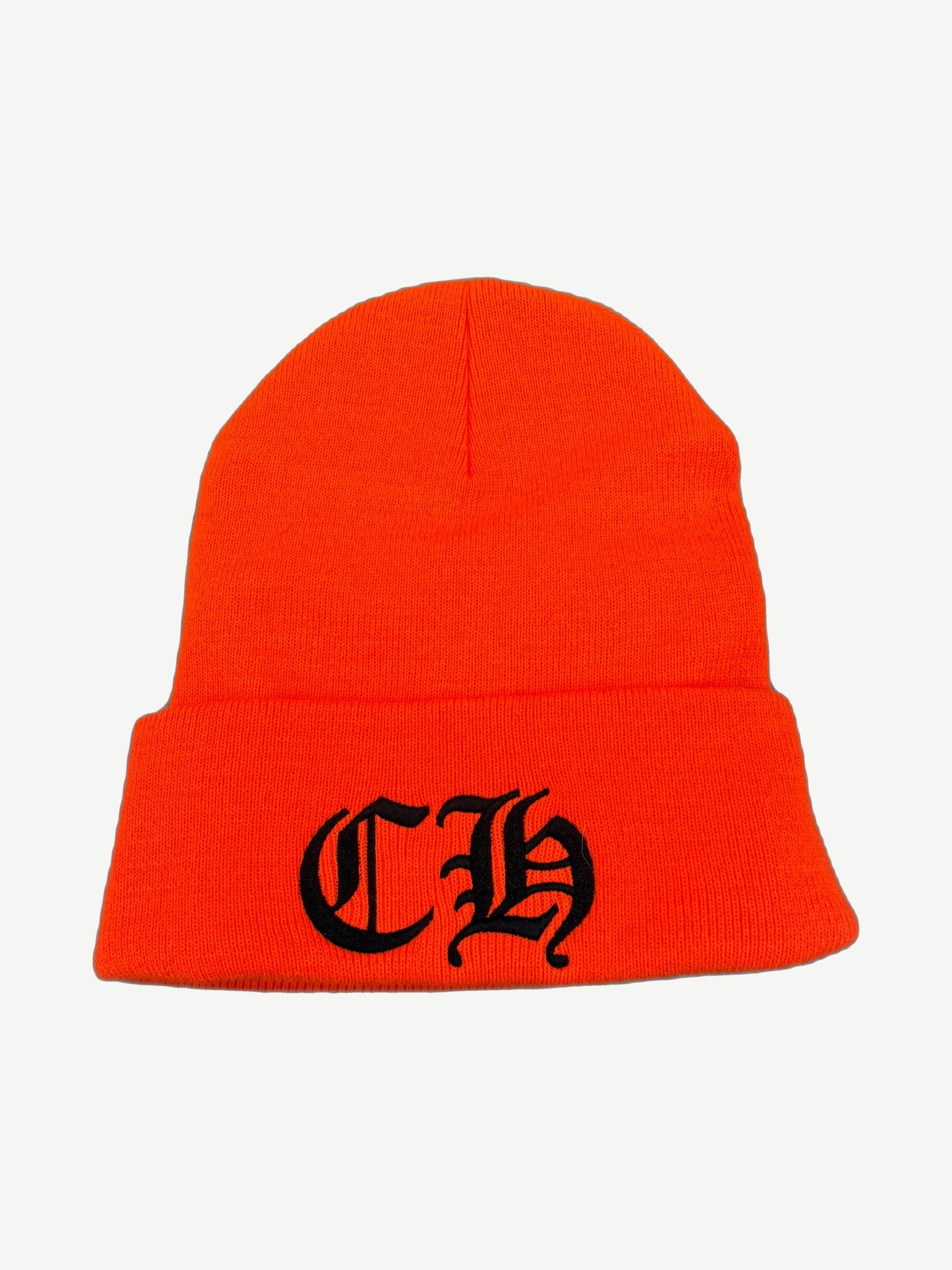 Chrome Hearts orange beanie with black gothic CH logo embroidery, folded cuff, front view.