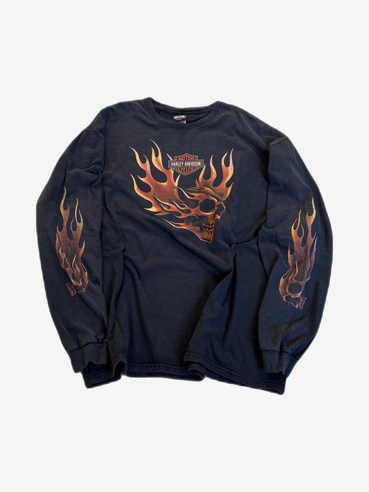 Vintage Harley Davidson black long sleeve tee with skull and flame OKC dealer print across the chest.