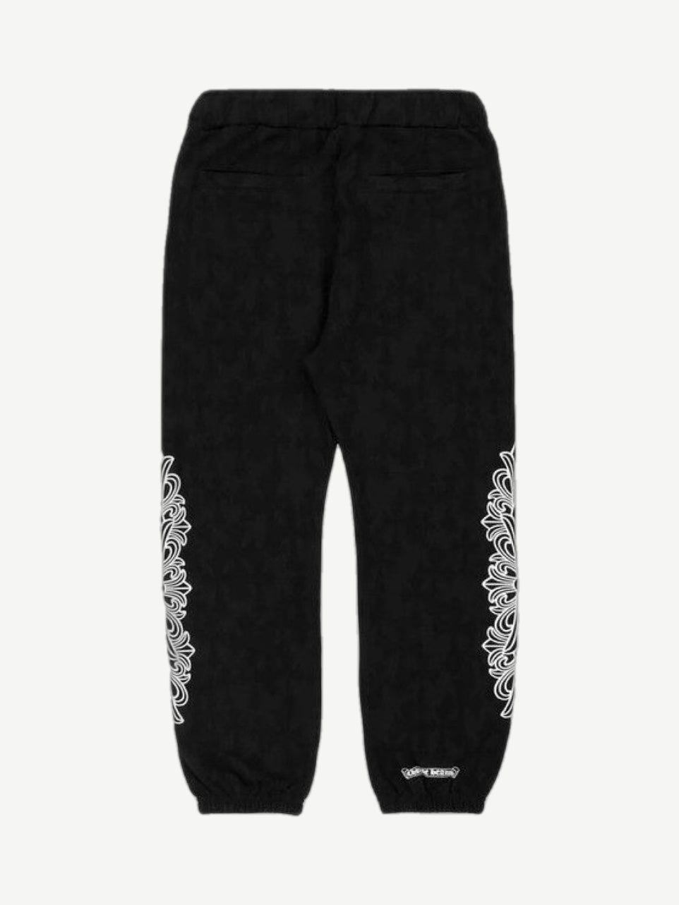 Chrome Hearts Floral Cemetery sweatpants back view with cross print and horseshoe logo on right thigh
