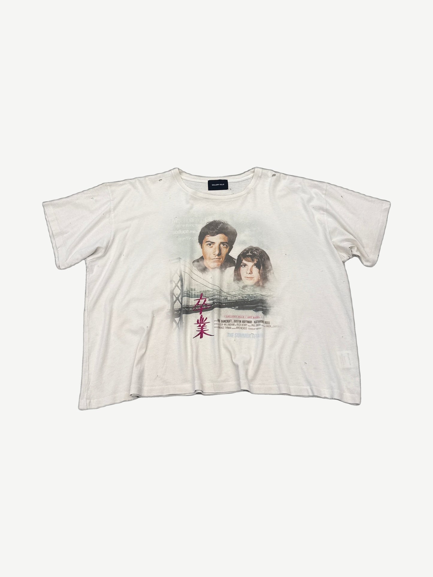 Gallery Hills white distressed Summer Affair tee with Graduate movie poster graphic and pink kanji print