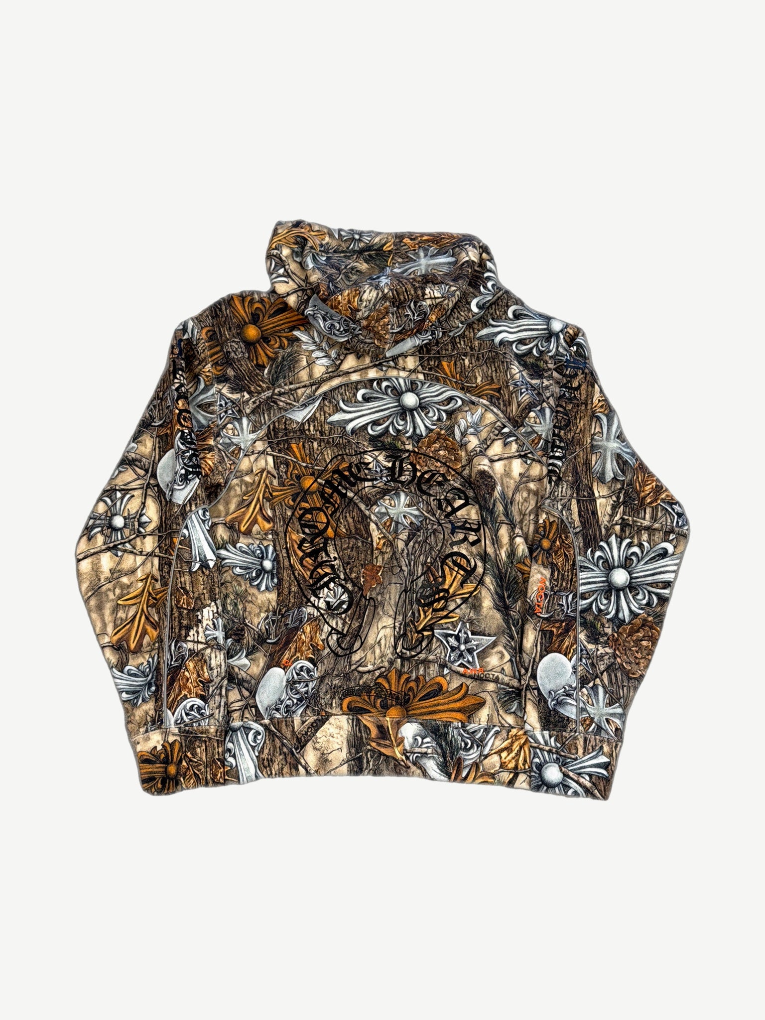 Chrome Hearts NOCTA camo hoodie back view with Drake collaboration graphic and allover green camouflage print