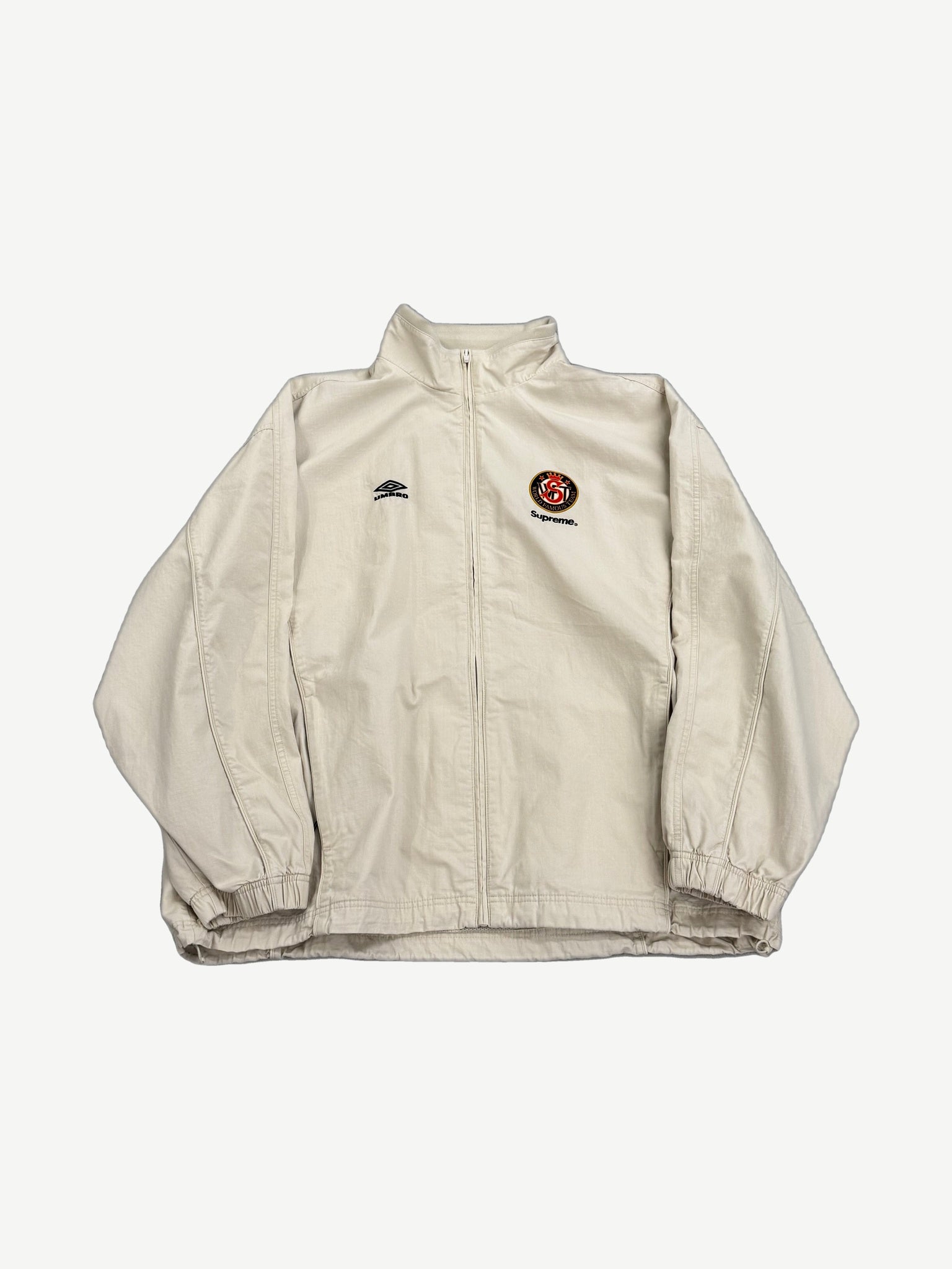Supreme x Umbro stone cream cotton ripstop track jacket with embroidered Umbro crest