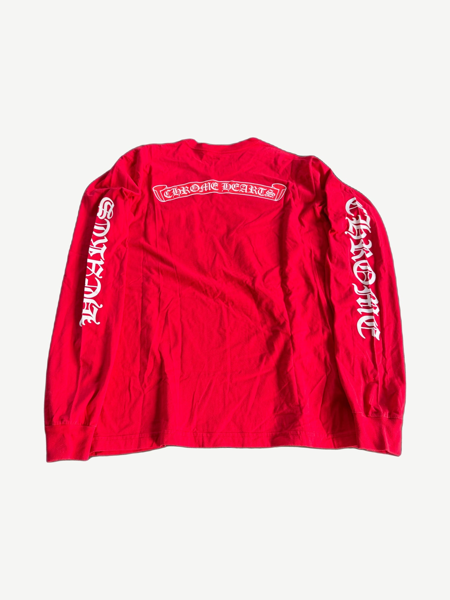 Chrome Hearts red longsleeve tee back with white scroll banner Horseshoe Logo graphic