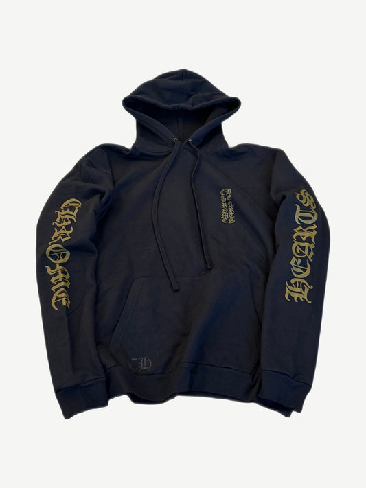 Chrome Hearts black hoodie with olive green vertical Old English Chrome Hearts logo print on sleeves and chest
