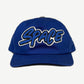 Chrome Hearts Matty Boy royal blue 5-panel hat front, white SPACE graffiti leather patch and short curved brim.