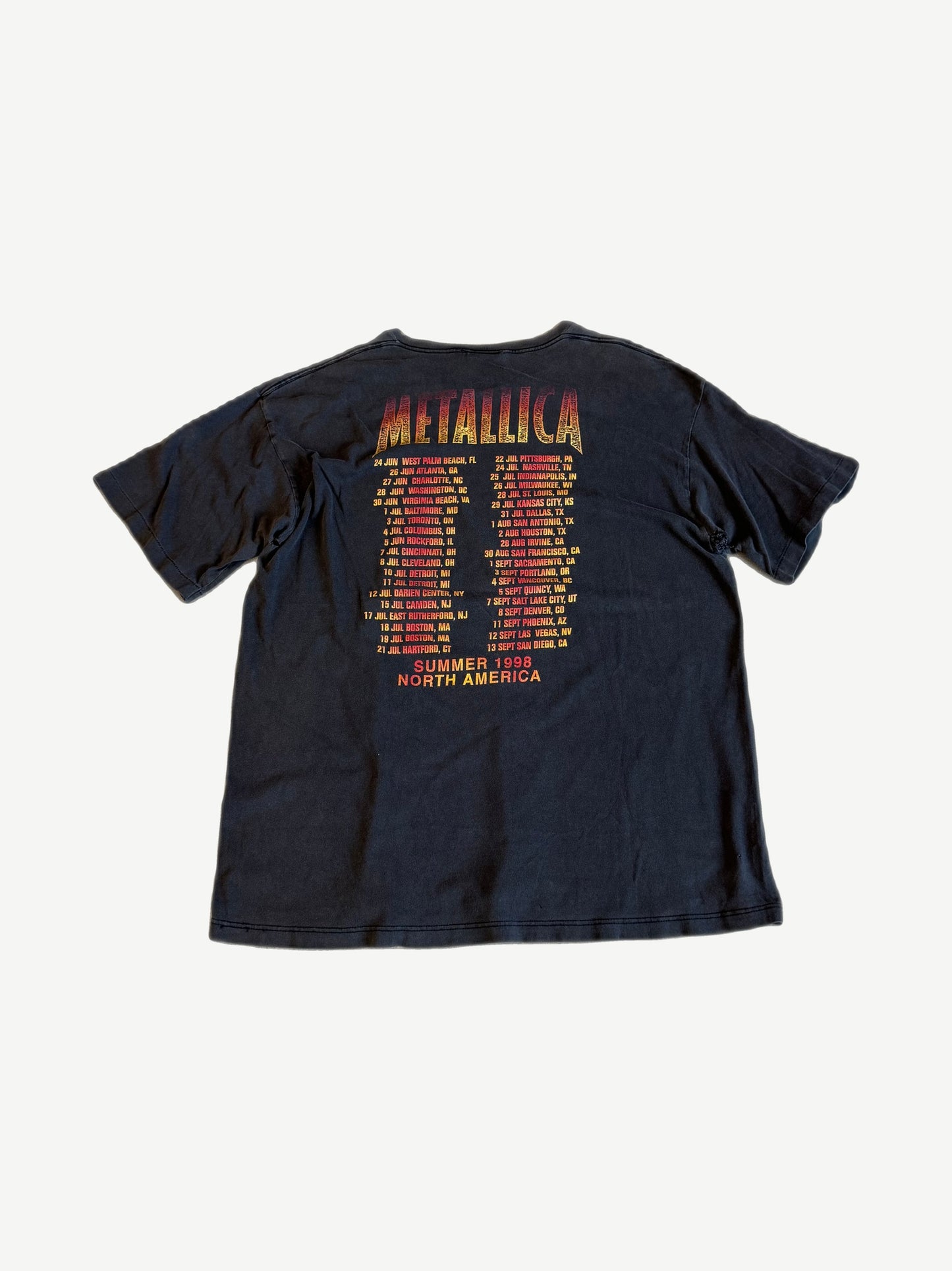 Vintage Metallica Summer 1998 North America tour tee back with full city date list in red