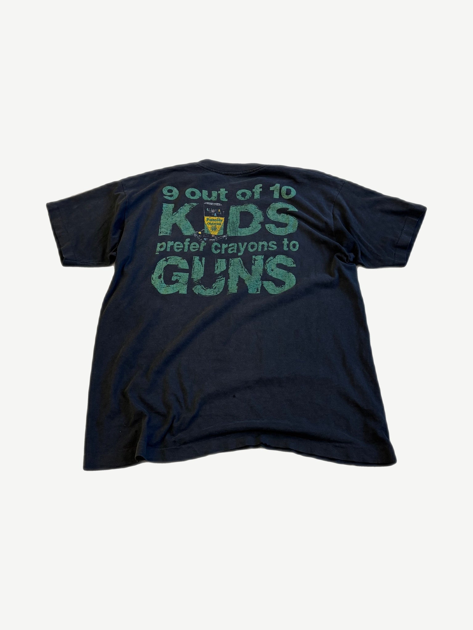 Vintage Pearl Jam Choices tee back with green distressed crayons over guns slogan graphic print.