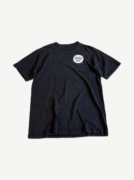 Vintage Metallica Club 1997 tee front in faded black with small embroidered chest logo and worn cotton