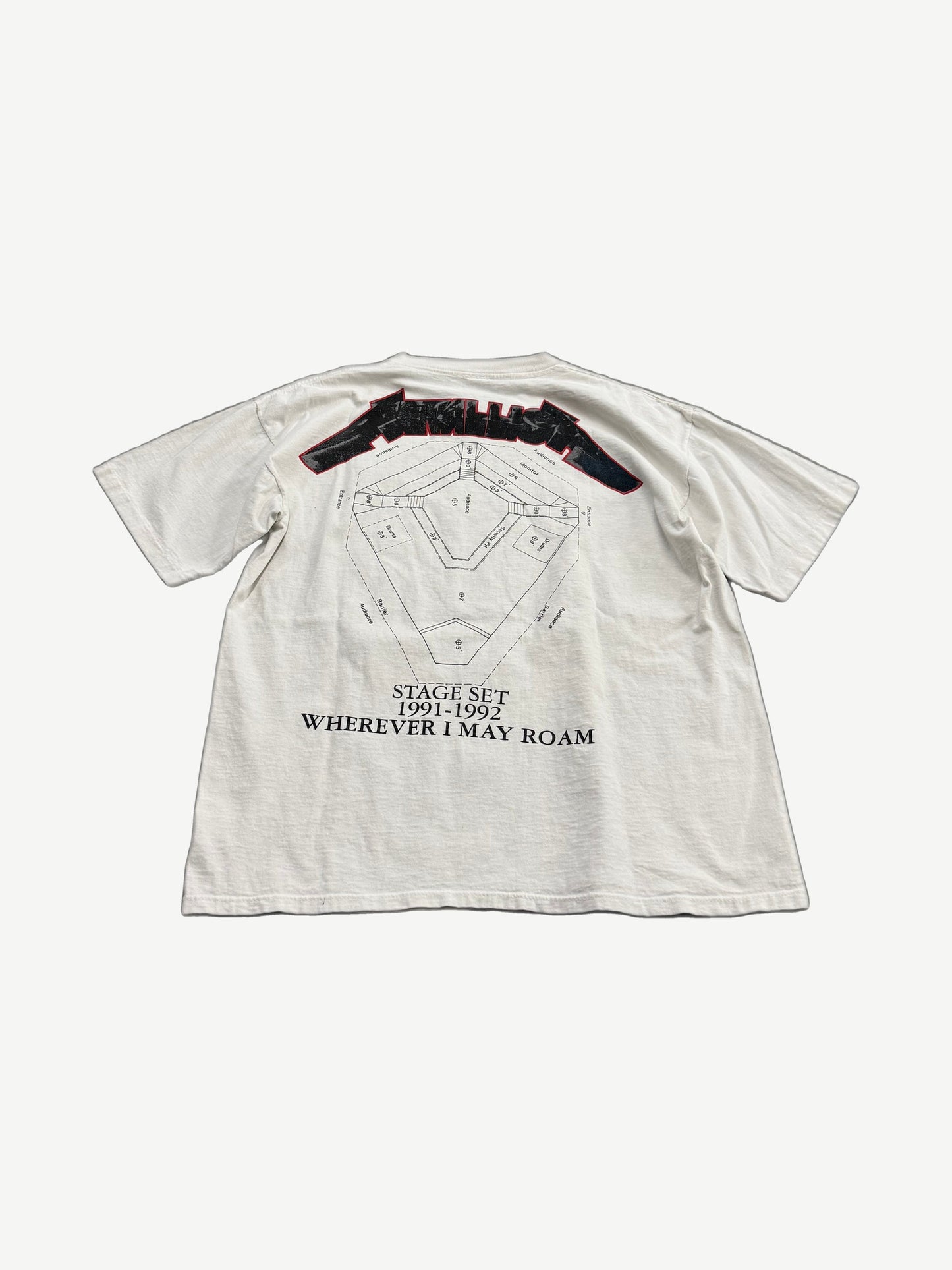 Vintage Metallica white tour tee back with stage set diagram and Wherever I May Roam 1991-1992 tour text print.