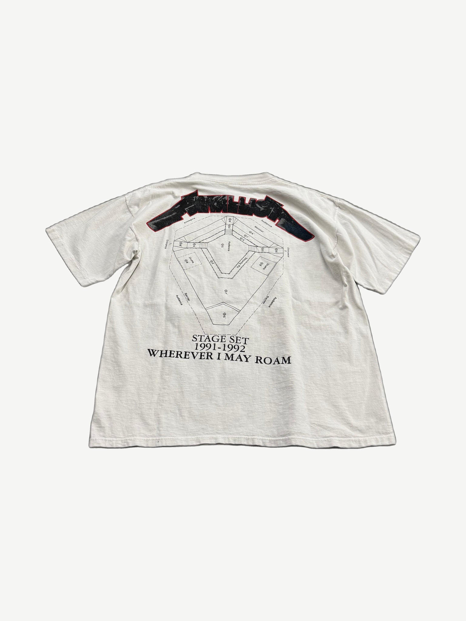 Vintage Metallica white tour tee back with stage set diagram and Wherever I May Roam 1991-1992 tour text print.
