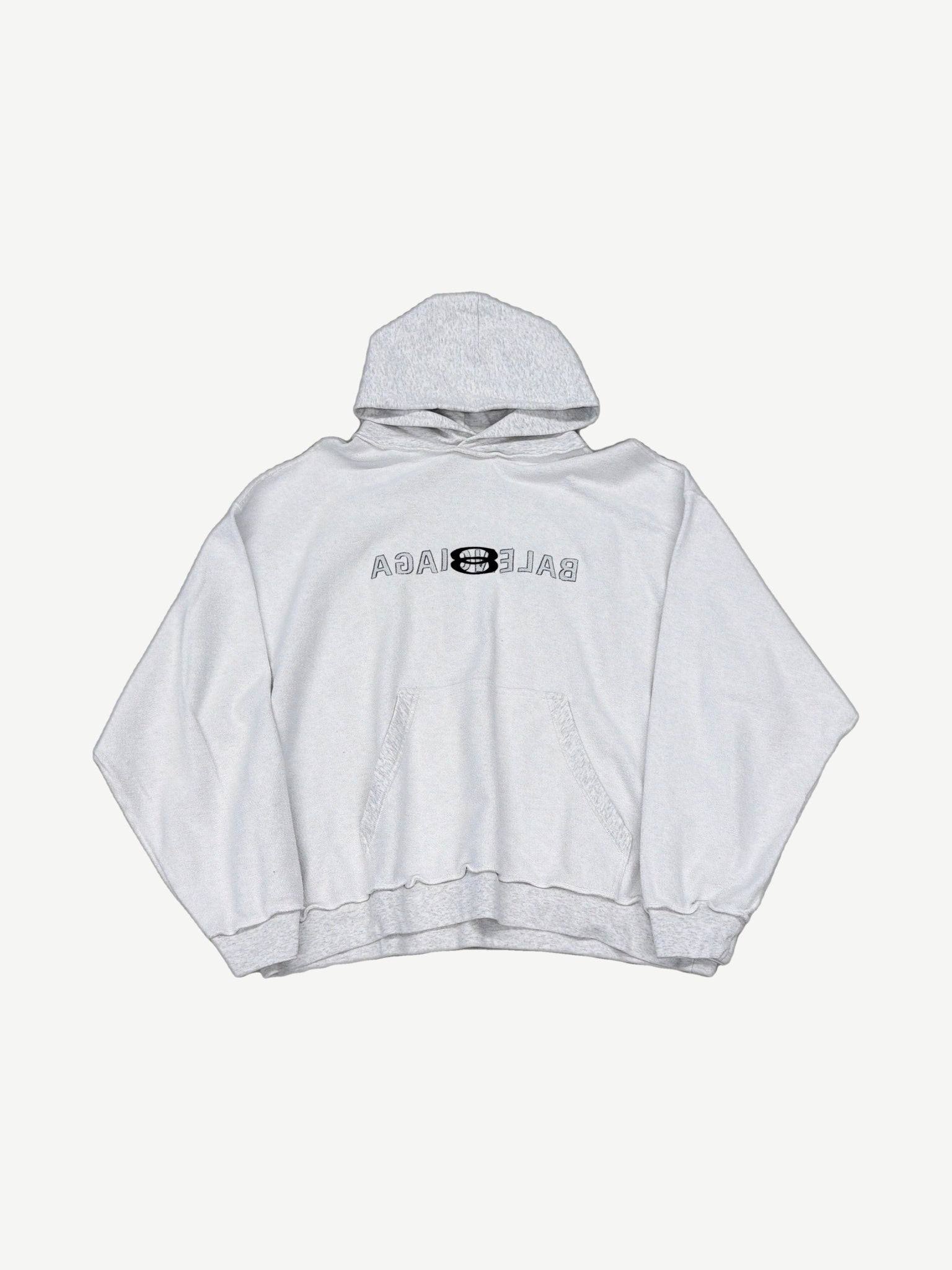 Balenciaga light grey inside out hoodie with reversed Balenciaga logo print and exposed seam construction