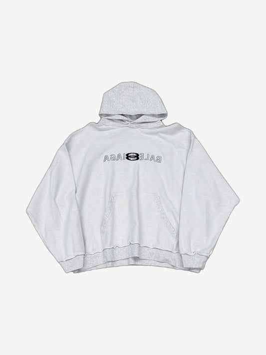 Balenciaga light grey inside out hoodie with reversed Balenciaga logo print and exposed seam construction