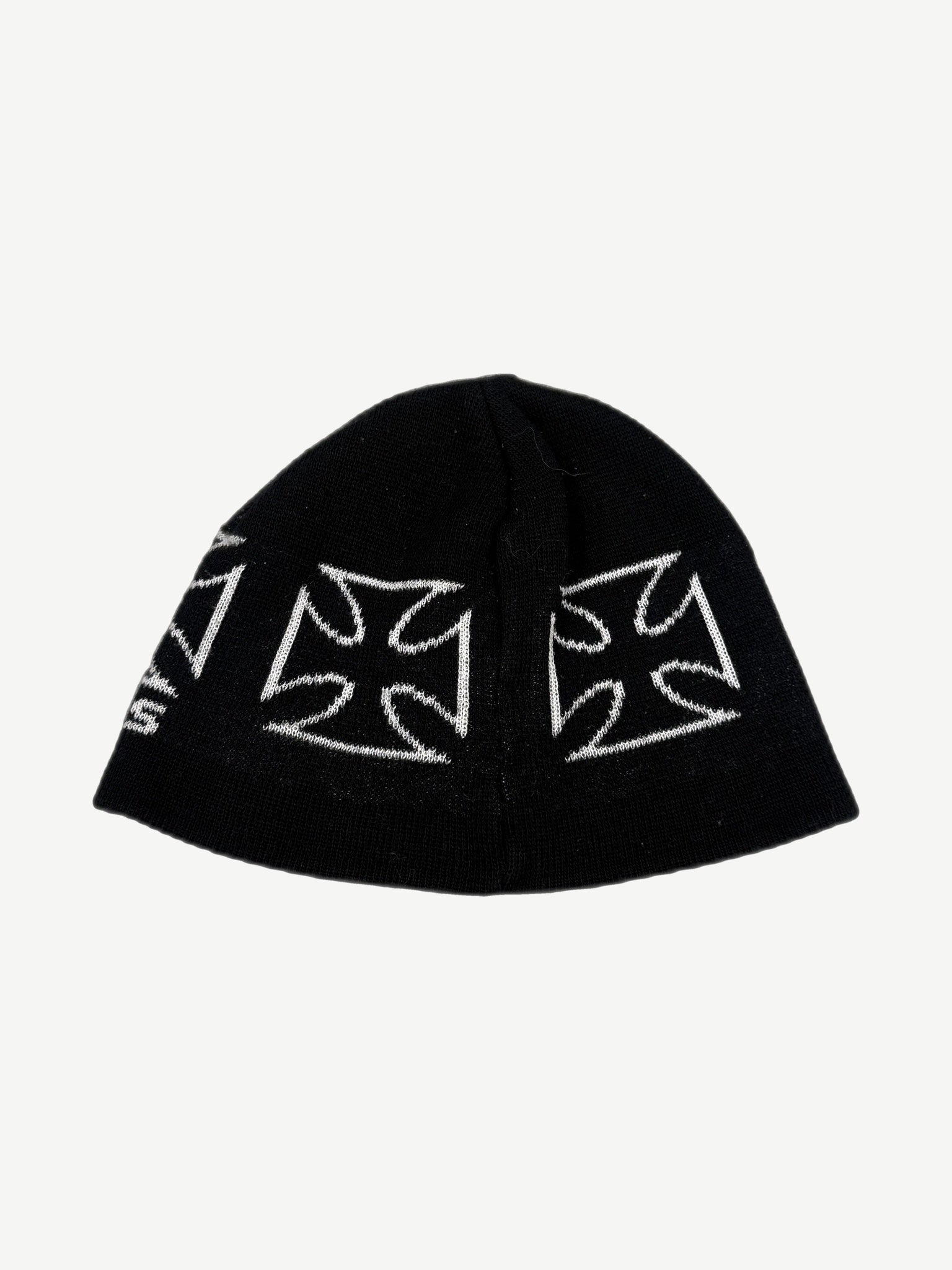West Coast Choppers black beanie top view showing repeating white iron cross knit pattern.