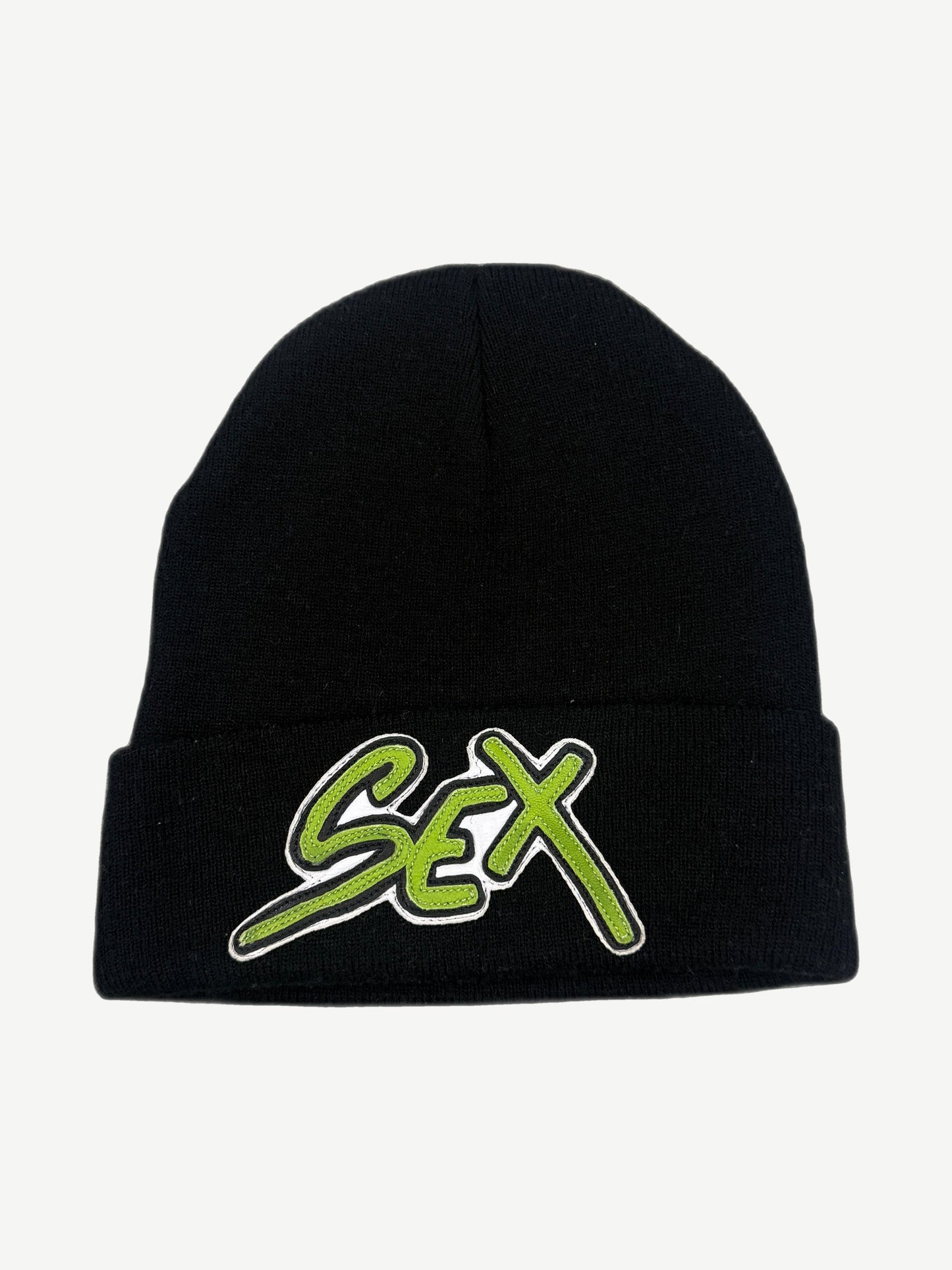 Chrome Hearts x Matty Boy Sex Records black ribbed beanie with stitched leather patch on front cuff