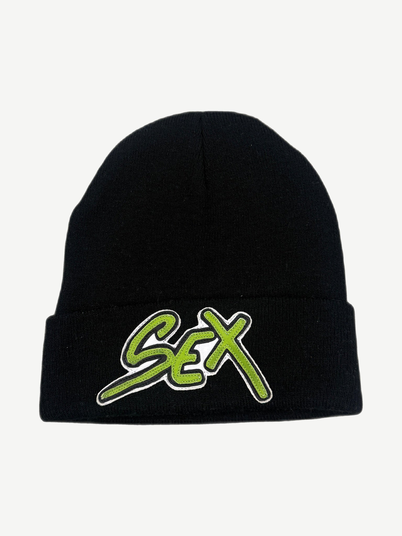 Chrome Hearts x Matty Boy Sex Records black ribbed beanie with stitched leather patch on front cuff