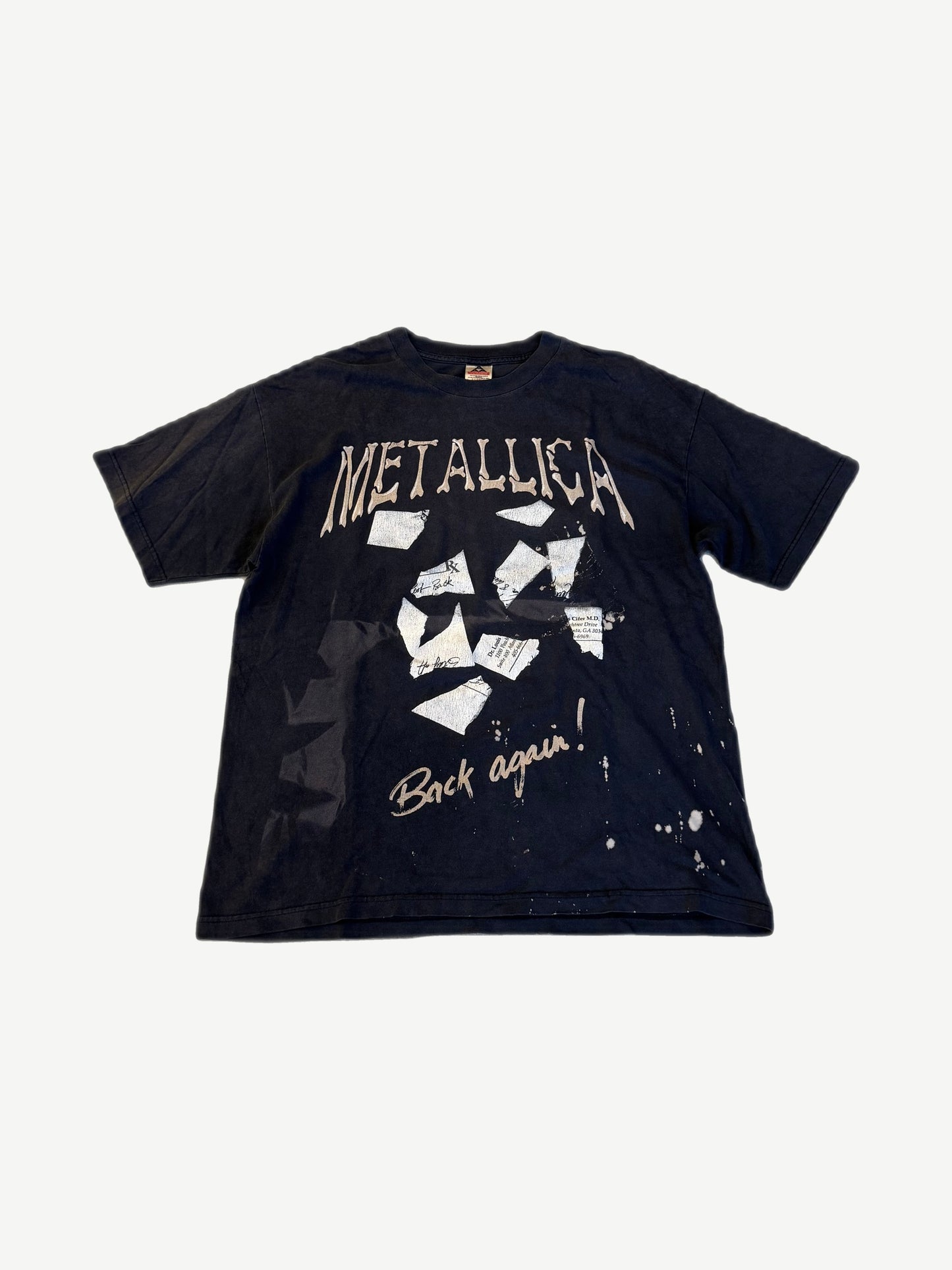 Vintage Metallica faded black tee with Back Again torn paper graphic and prescription label print front