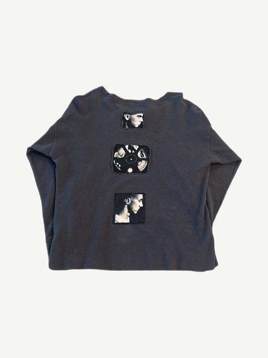 ERD Assemblage thermal longsleeve back in cream waffle knit with hand-stitched patches and worn vintage detailing