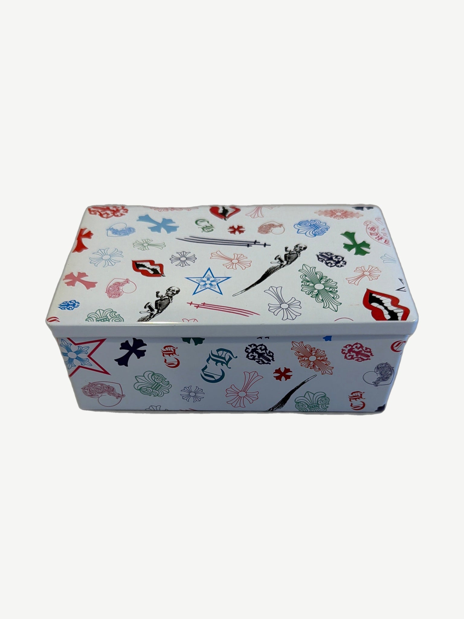 Chrome Hearts Japan exclusive stencil cookie tin box in cream with bold black gothic logo and cross motifs