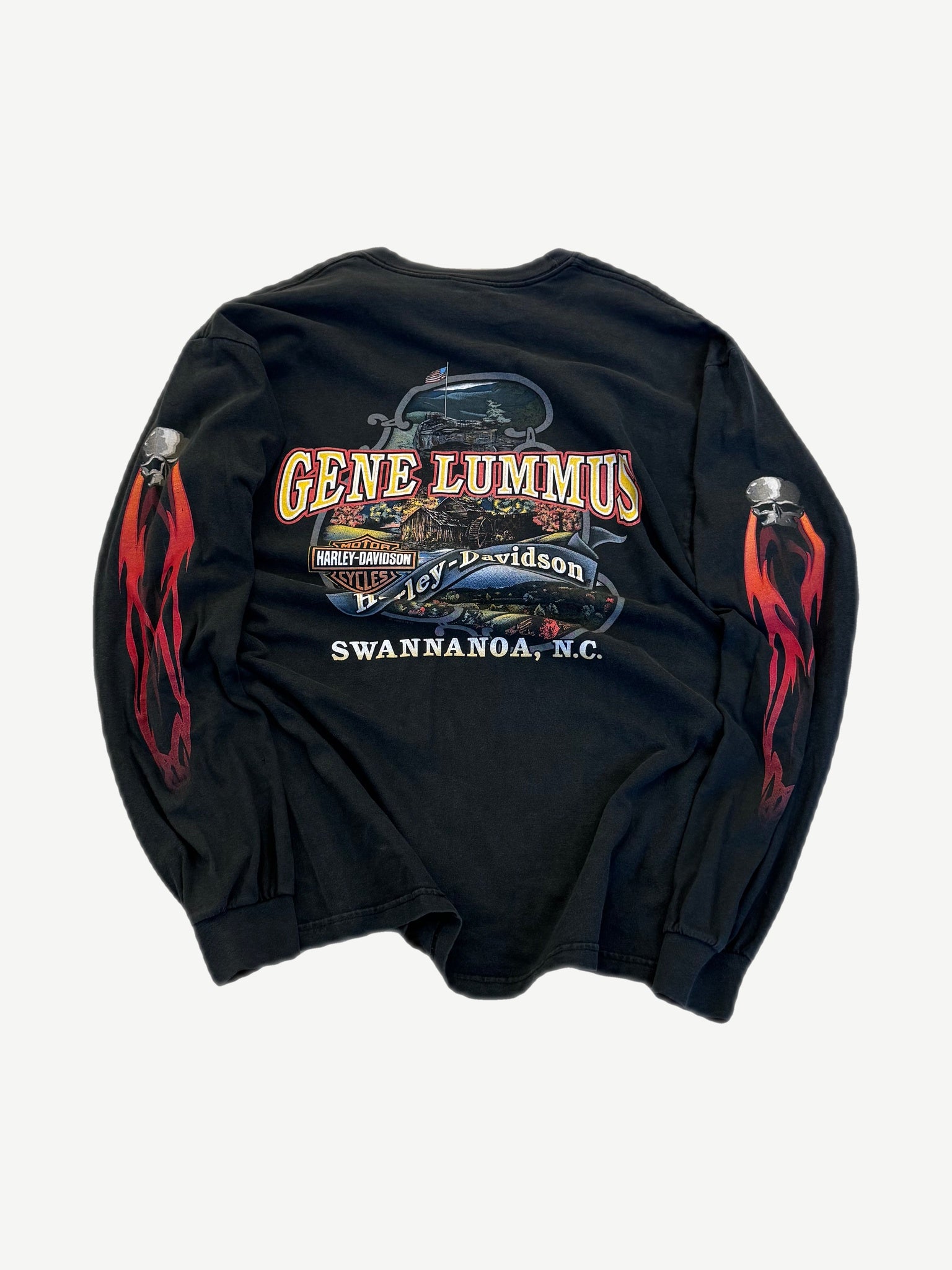 Harley Davidson Gene Lummus longsleeve back showing large skull, flames and biker shop graphic print.