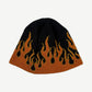 Vintage Harley Davidson black beanie rear view showing orange knit flame pattern wrapping around