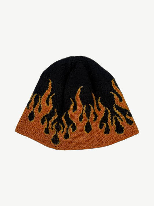 Vintage Harley Davidson black beanie rear view showing orange knit flame pattern wrapping around