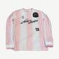 Acne Studios pink white soccer jersey longsleeve front view with embroidered chest logo on lightweight mesh