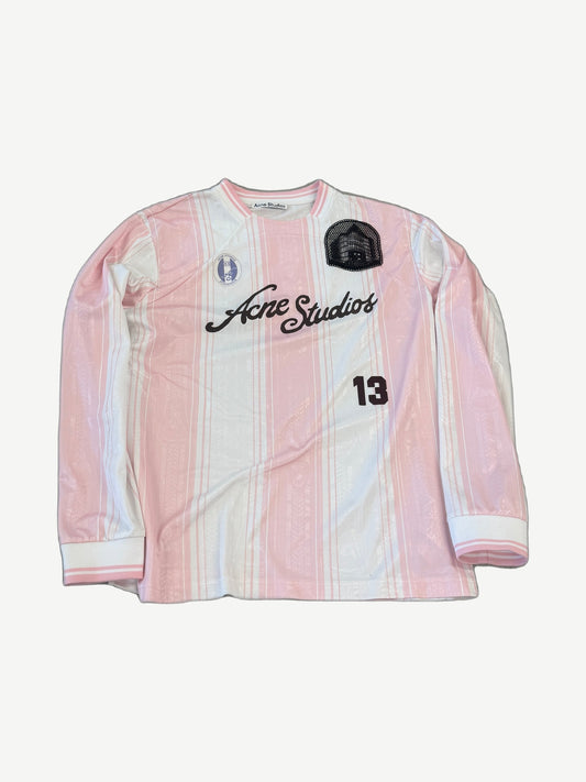 Acne Studios pink white soccer jersey longsleeve front view with embroidered chest logo on lightweight mesh