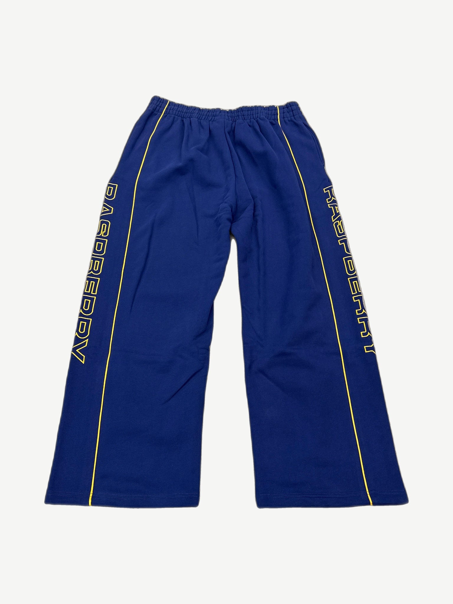 GV Gallery Raspberry Hills navy Fonzi sweatpants with bold yellow vertical RASPBERRY leg print and contrast piping.