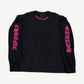 Chrome Hearts black longsleeve tee front with neon pink gothic neck logo, sleeve text and chest pocket