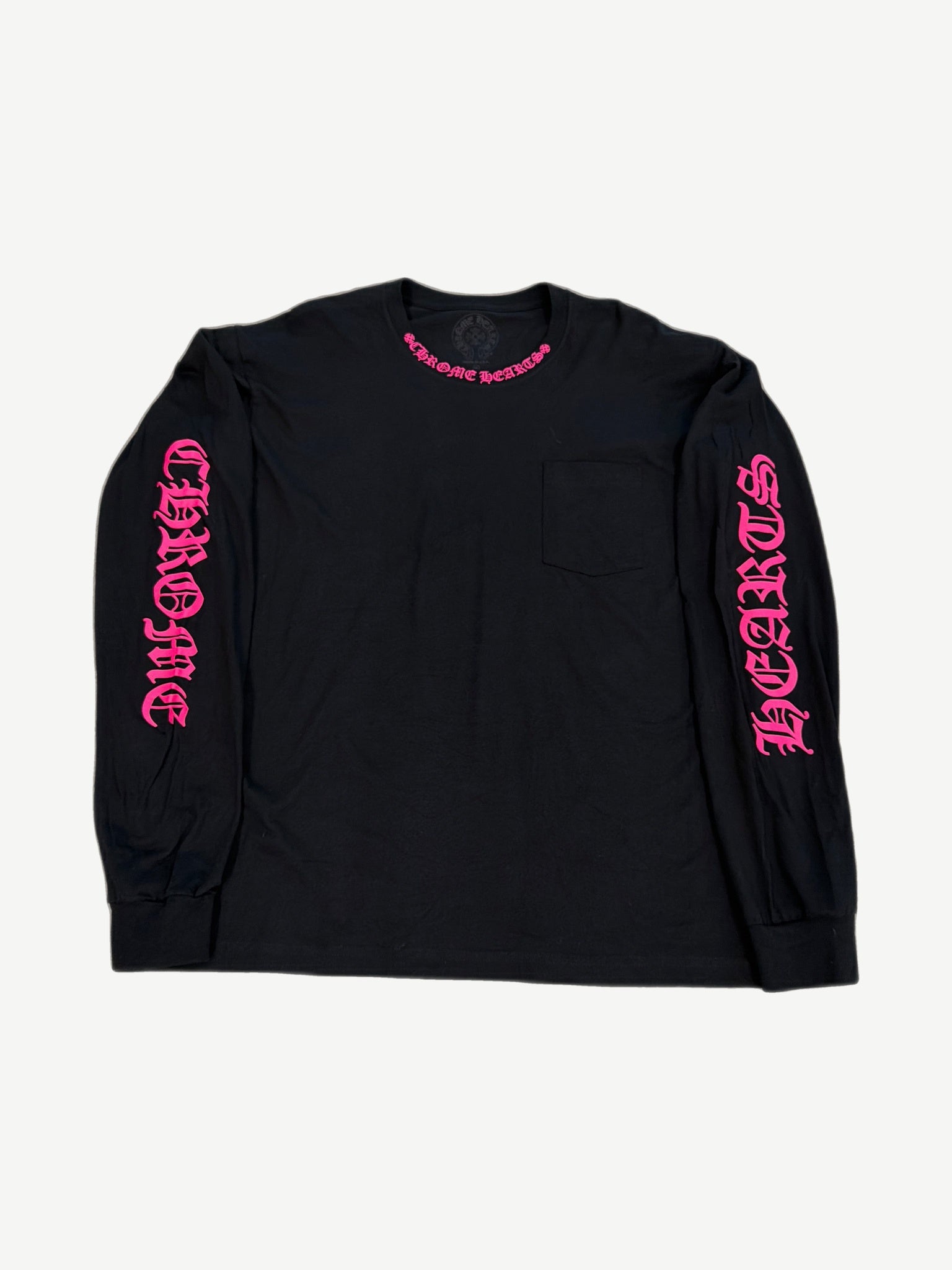 Chrome Hearts black longsleeve tee front with neon pink gothic neck logo, sleeve text and chest pocket