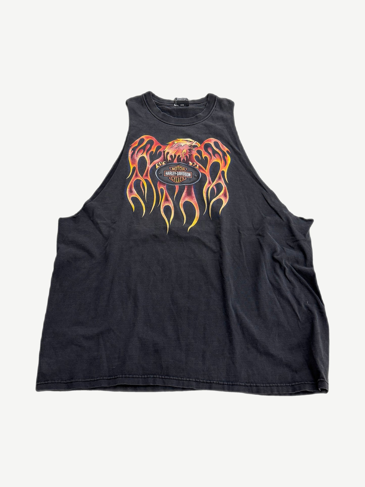 Vintage Harley Davidson black sleeveless cutoff tee with flaming eagle and bar shield front graphic