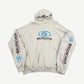 Balenciaga cream surfer logo hoodie front with blue wave logo, Authentic Sports Apparel text and sleeve prints
