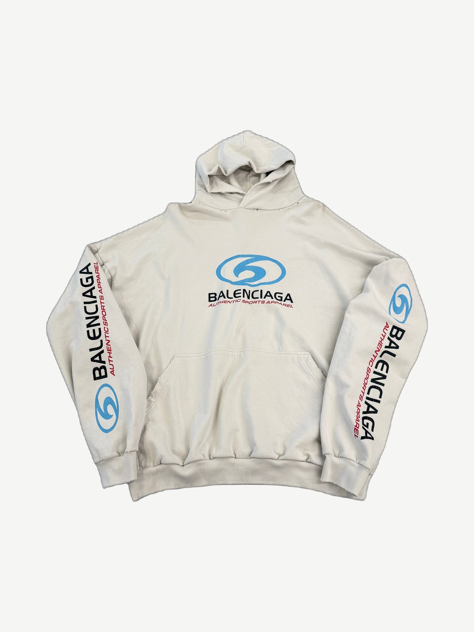 Balenciaga cream surfer logo hoodie front with blue wave logo, Authentic Sports Apparel text and sleeve prints