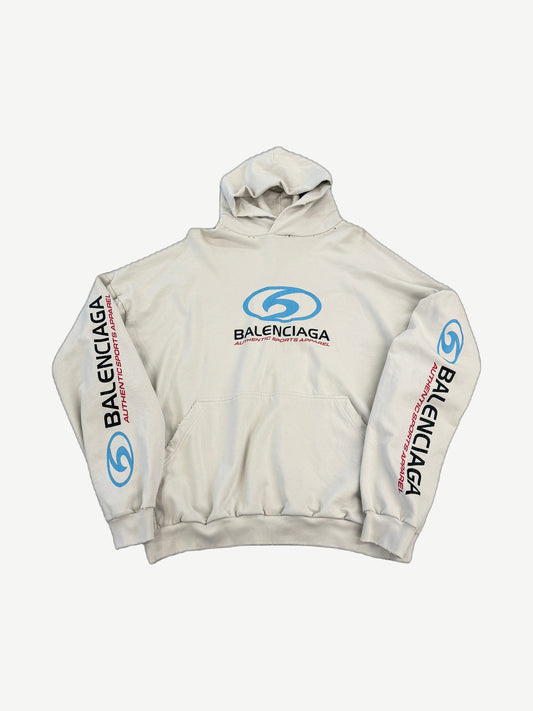 Balenciaga cream surfer logo hoodie front with blue wave logo, Authentic Sports Apparel text and sleeve prints