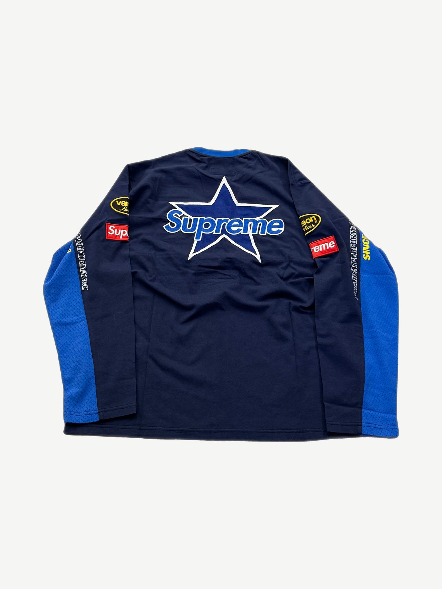 Supreme Vanson Leathers navy racing longsleeve back with large blue Supreme star arc logo