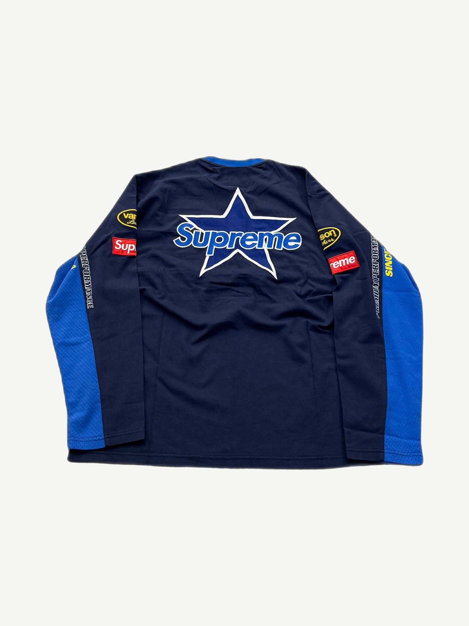 Supreme Vanson Leathers navy racing longsleeve back with large blue Supreme star arc logo