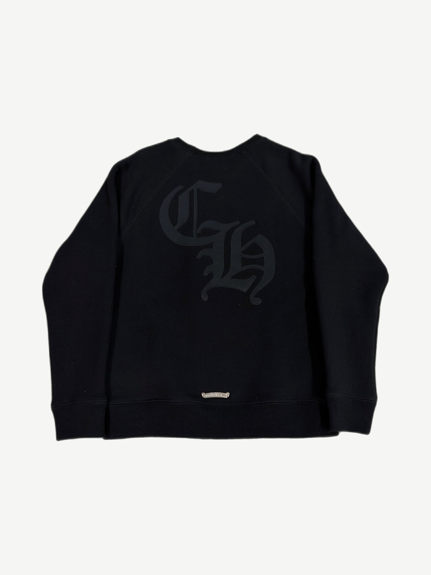 Chrome Hearts black Triple Cross 7/11 crewneck back view with oversized gothic CH back print